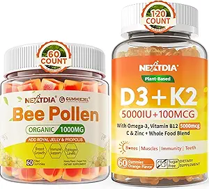 Bee Pollen for Breast Growth Organic 1000mg + Organic Plant D3 K2-5X Absorption Than Standard D3K2