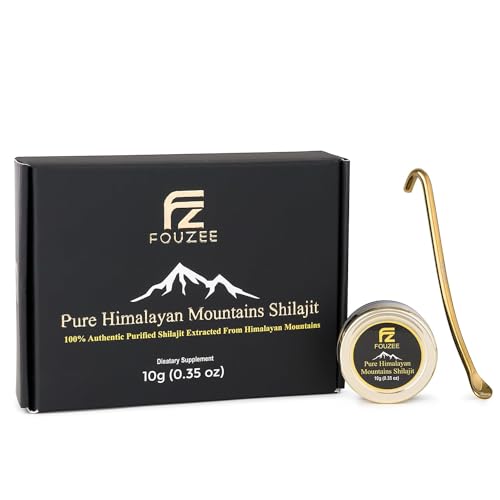 FOUSE Pure Himalaya Mountains Shilajit - 77% + Fulvic Acid Authentic Hard Consistency, Natural Source of Fulvic Acid, Meer dan 85 Trace Minerals, Inclusief Roestvrij stalen Lepel (10 Gram)