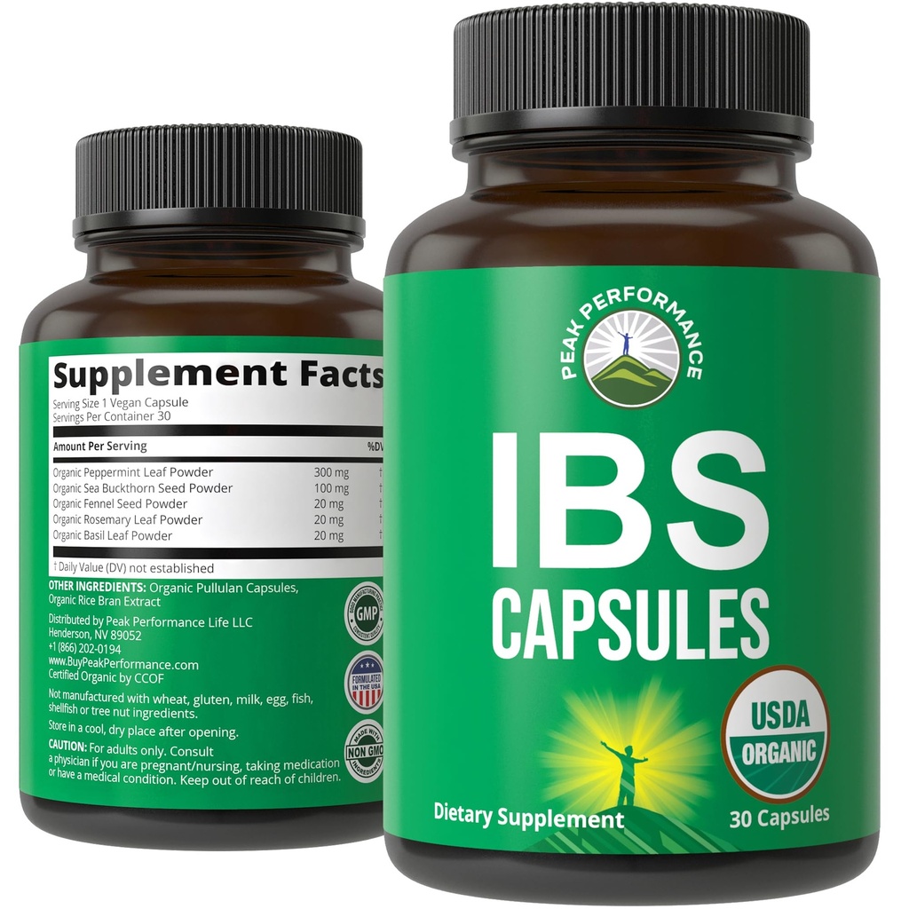USDA Biologische IBS Capsules for Relief, Ingestion, Bloating, Gas. Irritable Bowel Supplement met 5 Handpicked Organic Ingredients. Pepermuntolie, Sea Buckthorn, Venkelzaad, Rosemary Leaf, Basil Leaf