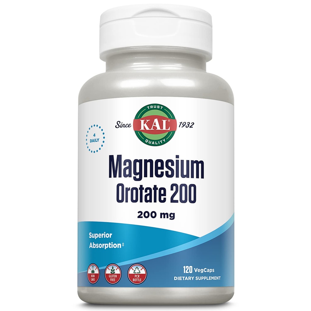 KAL Magnesium Orotaat 200 mg, Superior Absorptie Formule, Gecheld Magnesium voor gezonde botten, Tanden, Zenuw- en Spierfunctie, Vegetarisch, Non-GMO, Glutenvrij, 30 Serven, 120 VegCaps