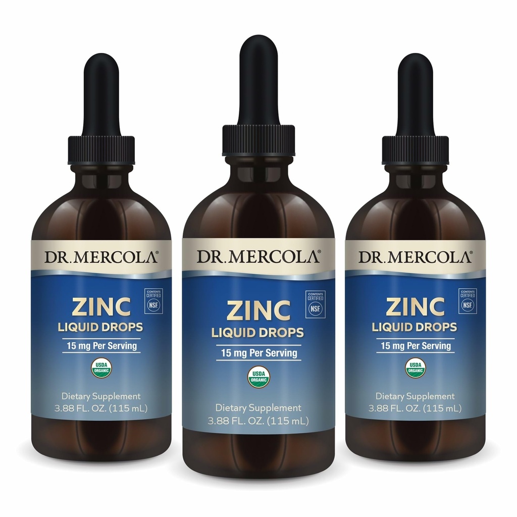 Dr. Mercola Zinc Liquid Drops - Supports Immune & Organ Health - 15 mg Organic Zinc Liquid Drops - USDA Organic - NSF Certified - Non-GMO, Gluten-Free & Soy-Free - 3.88 fl oz (3 Pack)