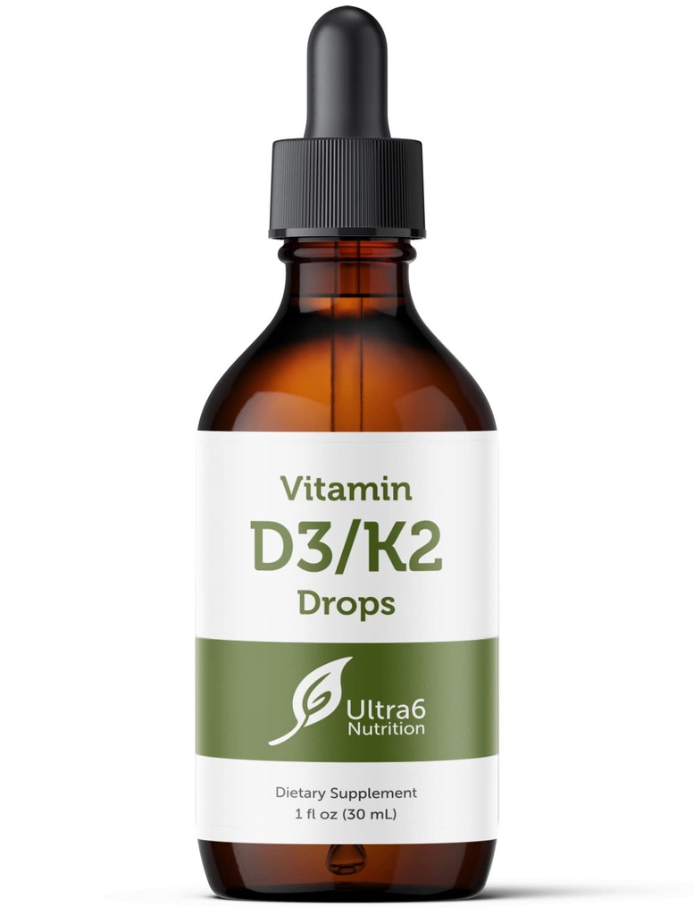 Ultra6 Voeding Vitamine D en K2 Drops - Liquid Vitamin D3 met K2 Supplementen voor volwassenen - Gemakkelijk te nemen, Flavor-Free, Zeer absorberende VIT D3 en K2 Supplementen, Made in USA (30 ml)