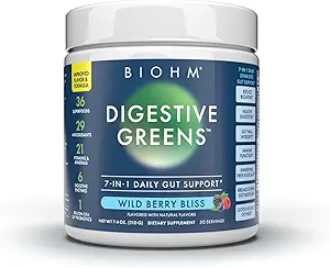 BIOHM Digestive Reds, Superfood Powder (7.4 Oz, 30 Servings) Antioxidants, Vitamins, Probiotics, Digestive Health for Women and Men with Enzymes, Beets, Goji, Pomegrante, Red Berry Flavor