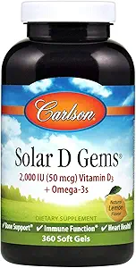 Carlson - Solar D Gems, Vitamin D3 and Omega-3 Supplement, 2000 IU Vitamin D3, 115 mg Omega-3s EPA and DHA, Vitamin D Fish Oil Capsule, Bone & Immune Health, Vitamin D Supplement, Lemon, 360 Softgels