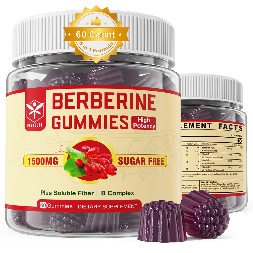 Berberine Supplement 1500mg met Oplosbare vezel, B1, B3 & B6, Suikervrij Berberine HCL Gummies, Hoge Biobeschikbaarheid AMPK Activator voor Mętâbõlism Balanced, Dagelijks Digestief & Body Mânâgęmęnt, 60 Cts