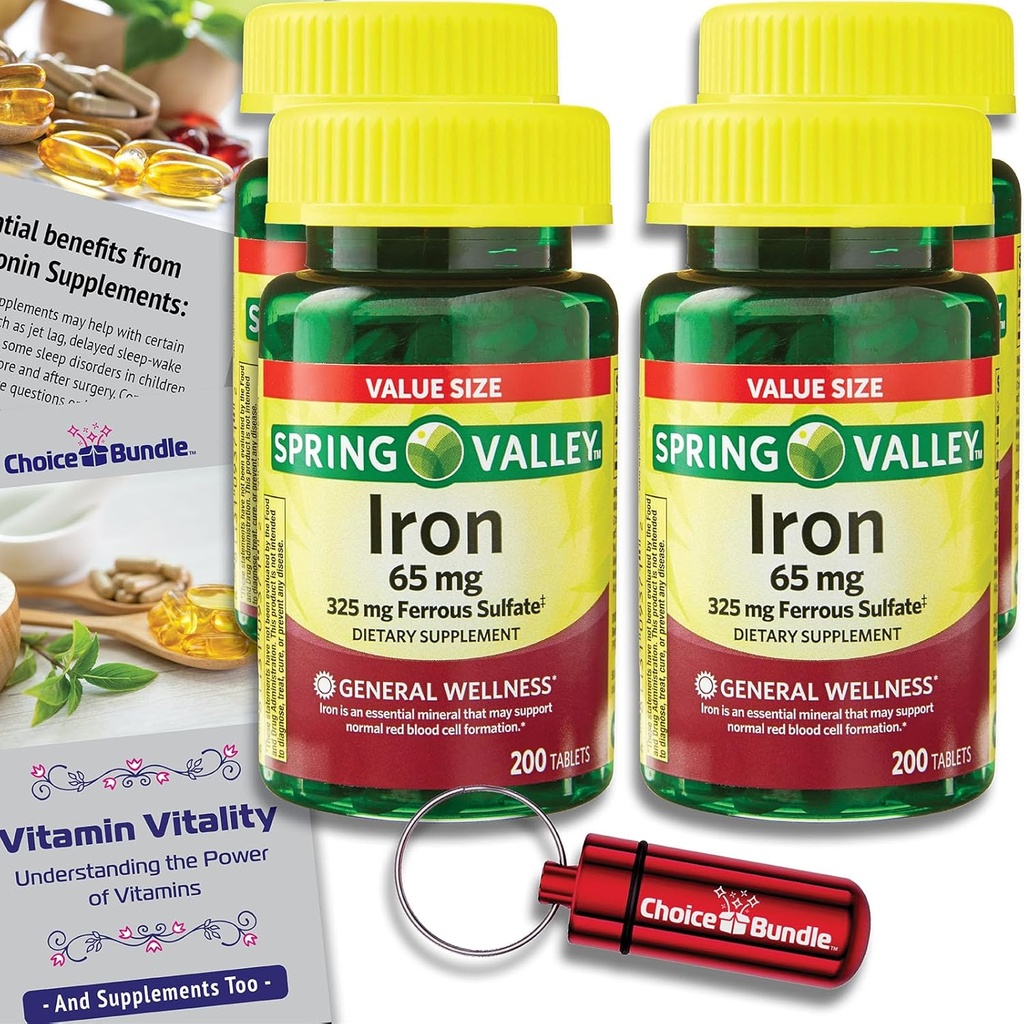 Spring Valley Iron Tablets Dieet Supplement Value Size 65 mg 200 CT 4 Pk Choice Bundle (800 Totaal) + Vitamine Vitality Guide & Pill Container (6 Items)!