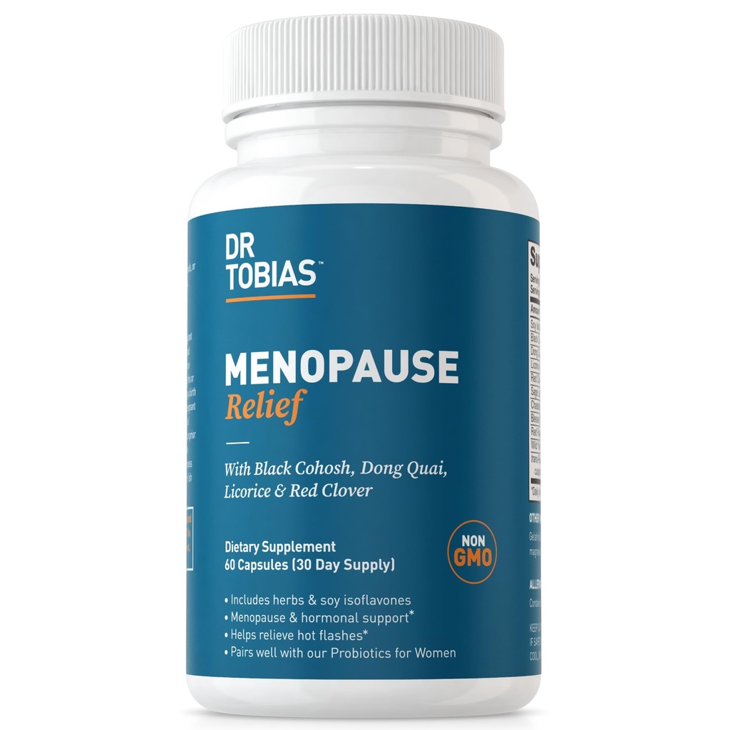 Dr. Tobias Menopauze Relief with Black Cohosh, Soy Isoflavones, Don Quai, Hot Flash & Night Sweats Relief for Women, Non-GMO Menopauze Supplements for Women, 60 Capsules, 30 Servers