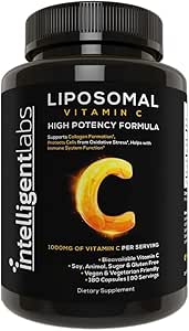 Intelligente Labs Liposomale Vitamine C 1000mg, 180 Veggie Capsules, Biobeschikbaarheid, Energie & Immuun Ondersteuning, Antioxidant Supplement met MCT olie en Zonnebloem Lecithin, 90-dagen levering