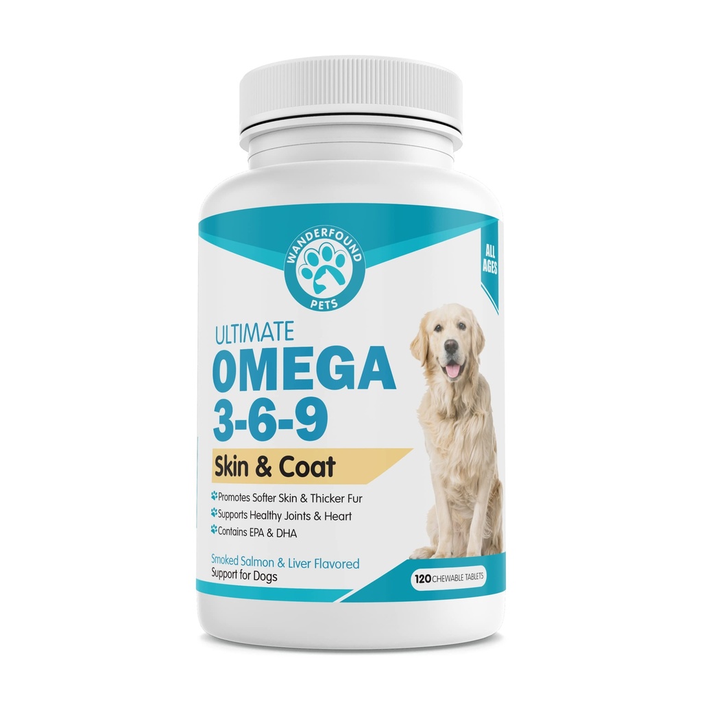 Wanderfound Huisdieren - Omega 3 Visolie voor honden, gerookte zalm en lever smaak, 120 Kauwtabletten