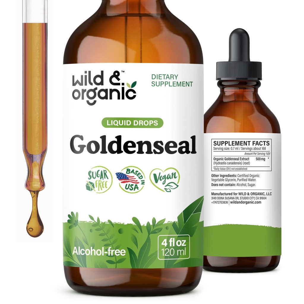 Wild & Organic Goldenseal Tinctuur - Lung & Digestieve Ondersteuning - Goldenseal Root Extract Liquid Drops - Vegan, Sugar & Alcohol-Free Herb Supplement - 4 fl oz