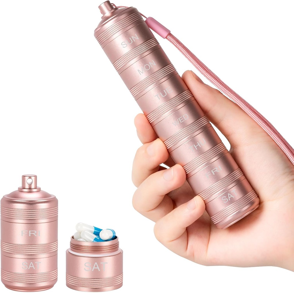 Draagbare metalen pil Medicine Organisator - Waterdichte pil geval Compacte reis pil Box Weekly Aluminium Legering Container, 7 dagen dagelijkse pil Organisator houder voor kleine pillen, Roze S