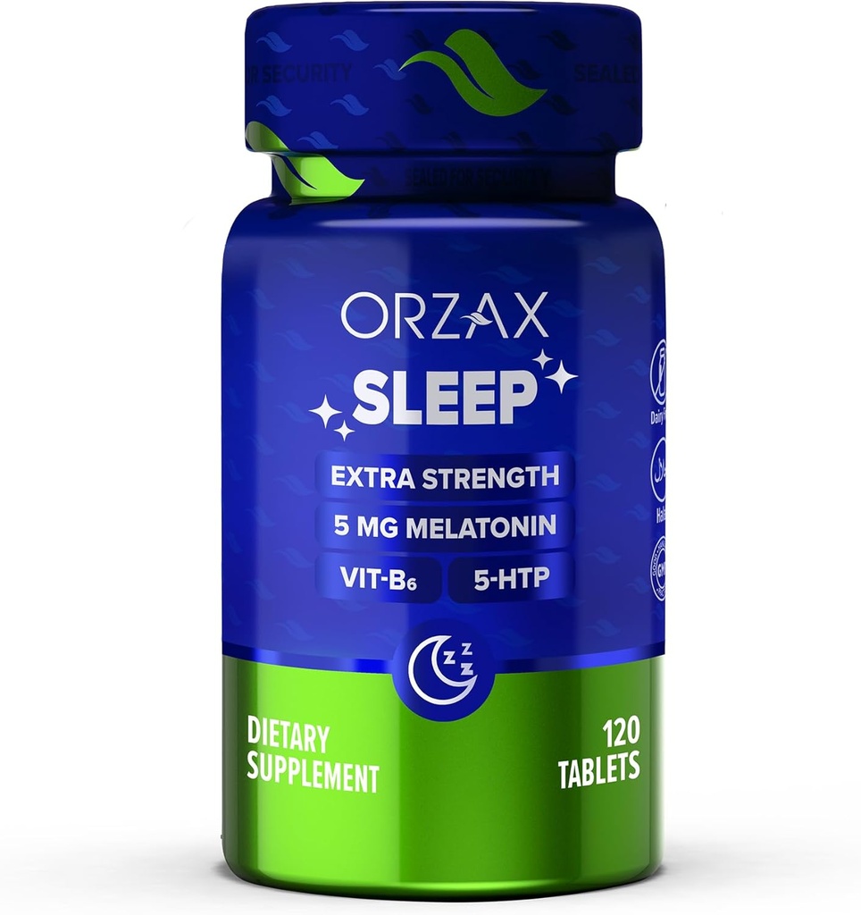 ORZAX Slaap - Melatonine 5 mg, Vitamine B6 & 5-HTP Supplement - Rustige slaapvitaminen voor volwassenen (120 tabletten)