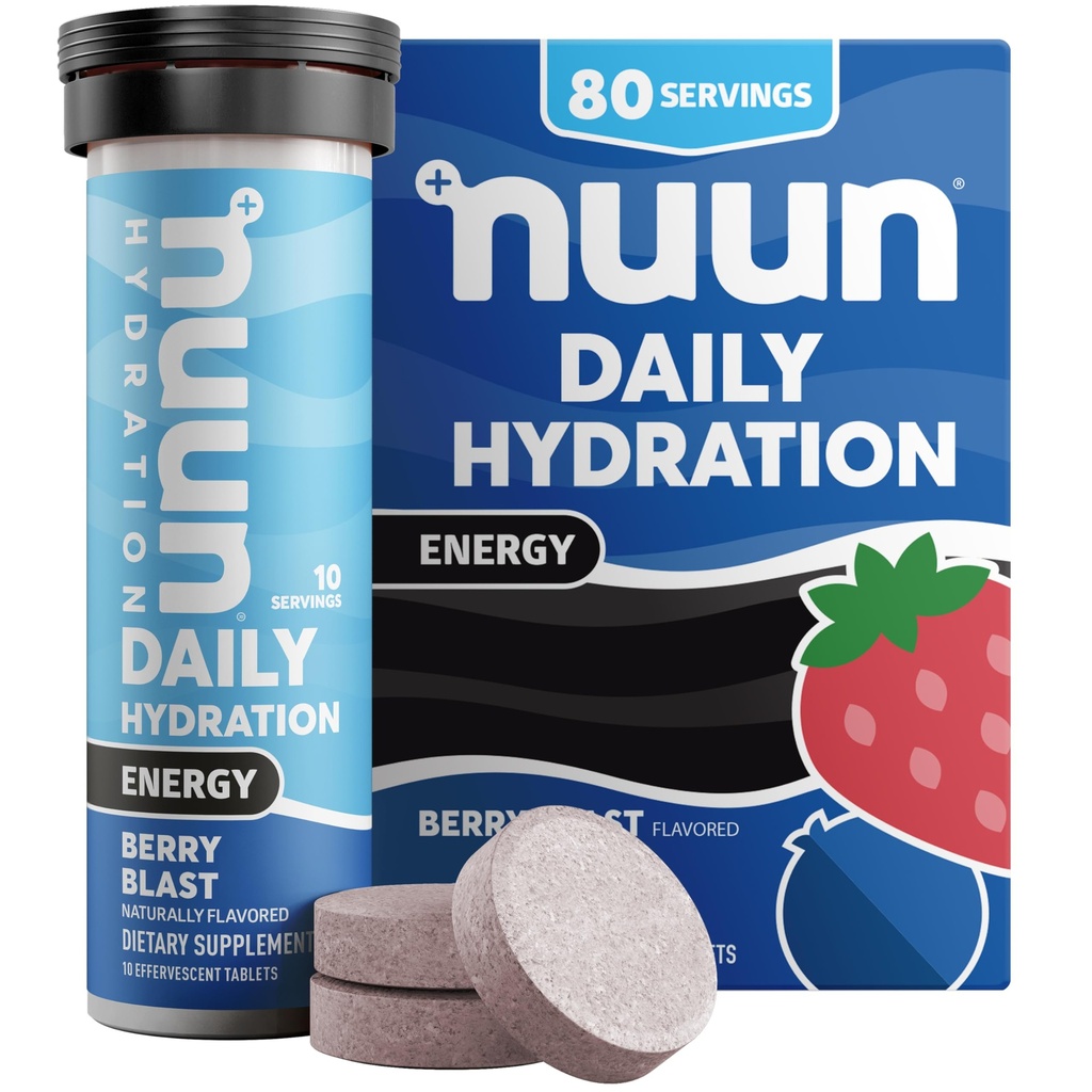 Nuun Energy Electrolyte Tablets with Ginseng, Cafeïne uit Green Tea Extract, Vitamine B12, B6, B5, Magnesium & 4 Andere Elektrolyten, Glutenvrij & Vegan, Berry Blast, 8 Pack (80 Servings Totaal)