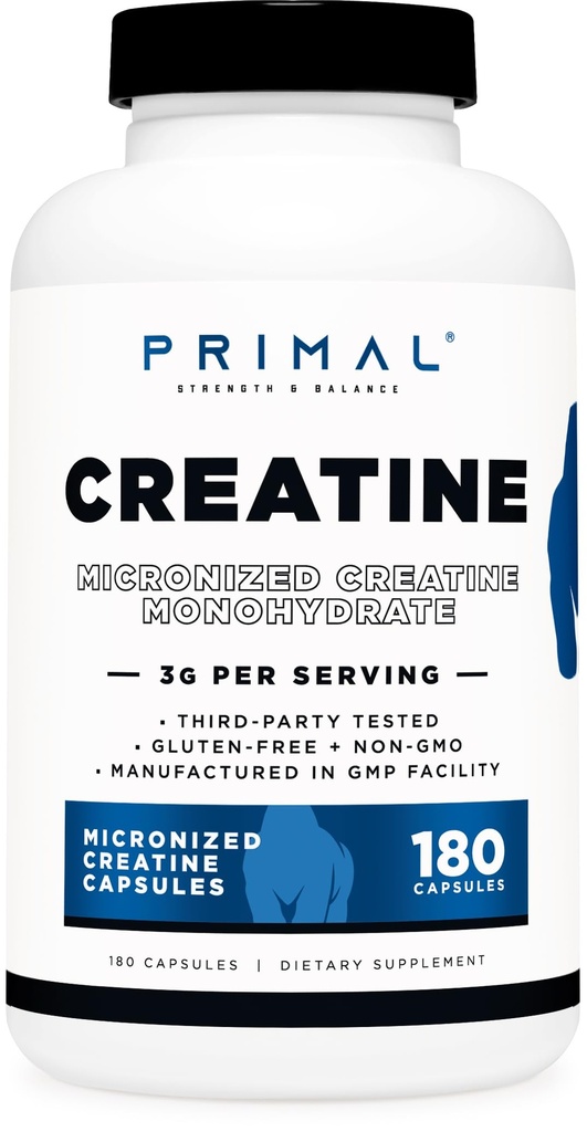 Primal Creatine Monohydraat (3.000 Mg, 180 Caps) - Micronized Creatine Supplement, 750mg per capsule, Geweldig voor preworkout en herstel - Glutenvrije, niet-GMO