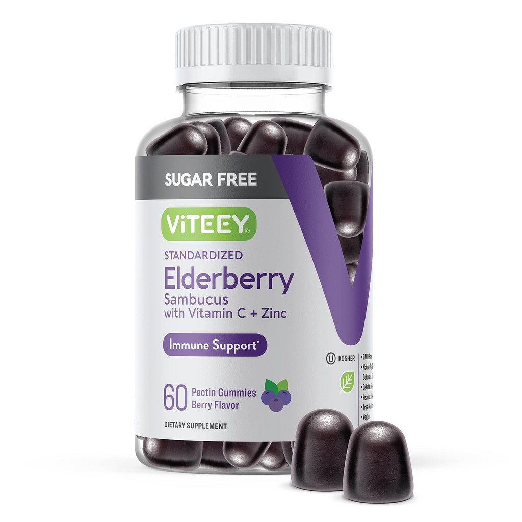 VITEEY Sambucus Vlierbessen Gummies voor volwassenen & tieners + Zink & vitamine C - Suikervrij - Immuunondersteuning & Booster Herbal Supplement - Veganistisch, glutenvrij, gelatinevrij, GGO-vrij, Kauwbaar Berry Flavored