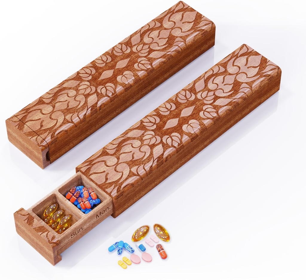 Wooden Pill Organizer, 7 Day Pill Box, Travel Pill Box, Wooden Pill Case Privacy Protection Perfect for Medication, Vitamins, Fish Oils, Supplements（Sapele）