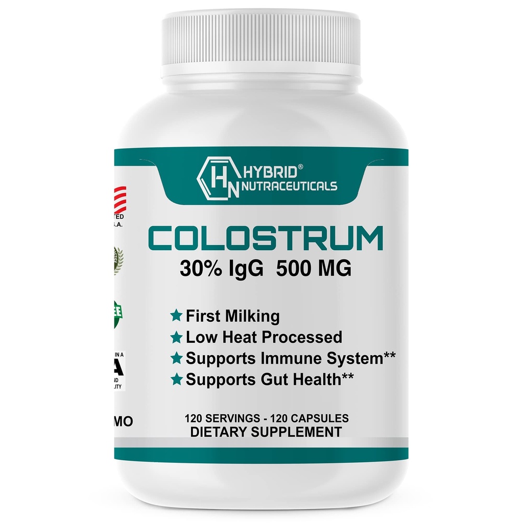 Hybrid Nutraceuticals Bovine Colostrum Supplement - Muscle Building - Immune Support - Powerful Digestion - Lactoferrin Supplement (120 Colostrum Capsules - 500mg - 30% IgG)