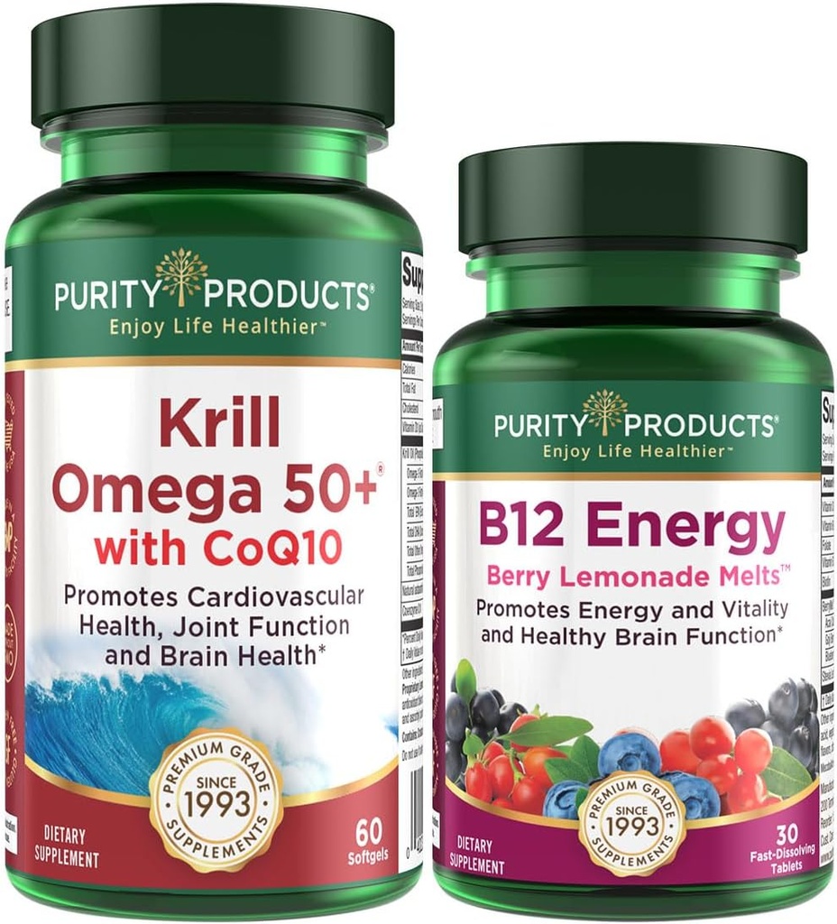 Zuiverheid Producten Bundel - Krill Omega 50+ met CoQ10 + B-12 Energie Smelt - Krill Omega 50+ met CoQ10 (Krillolie, Visolie, CoQ10, Vitamine D) B-12 Berry Smelt (Methylcobalamine B12 + B6 + D3 + Meer)