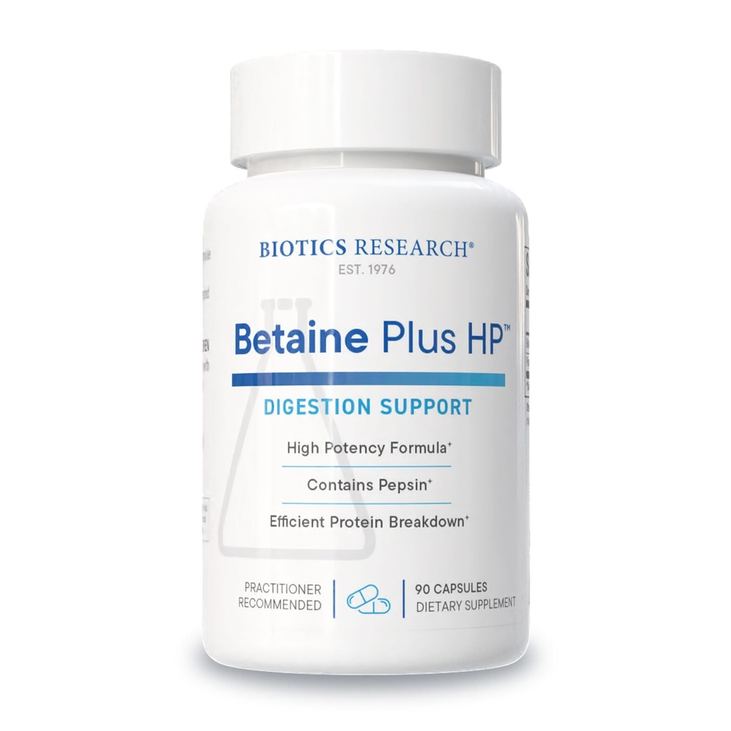 Biotica Onderzoek Betaine Plus HP - Hoge potentie Zoutzuur Supplement, Ondersteunt spijsverteringsfunctie 90 Capsules