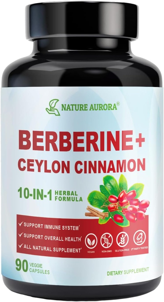 Berberine Supplement with Ceylon Cinnamon & Chromium Picolinate, 10-in-1 Berberine 1000mg Per Serving, Berberine 5X for Metabolism, Heart and Immune Support (90 Capsules)