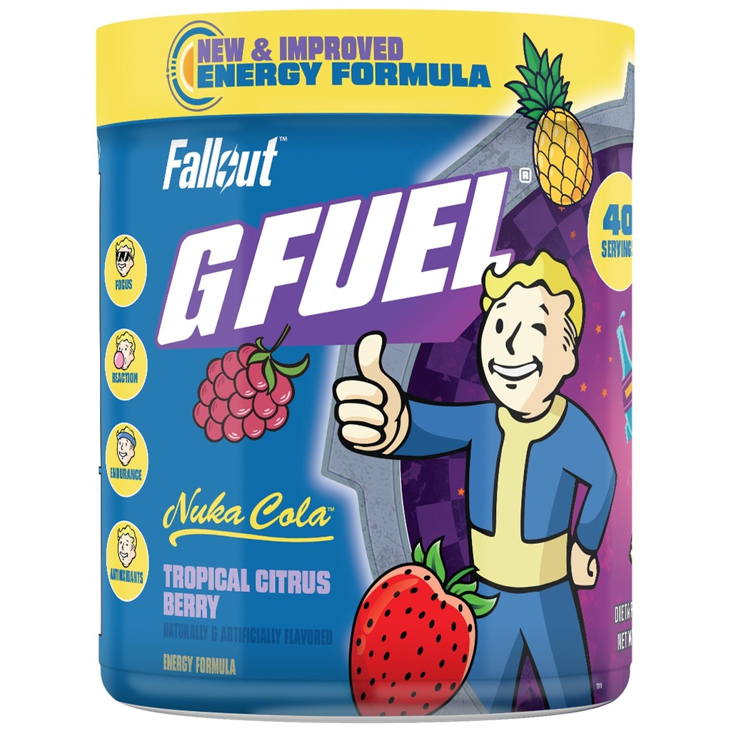 G Fuel Nuka Cola Energy Powder, Sugar Free, Clean Cafeine Focus Supplement, Water Mix, Tropical Citrus Berry Flavor, Focus Amino, Vitamine + Antioxidanten Blend - 9.8 oz (40 porties)