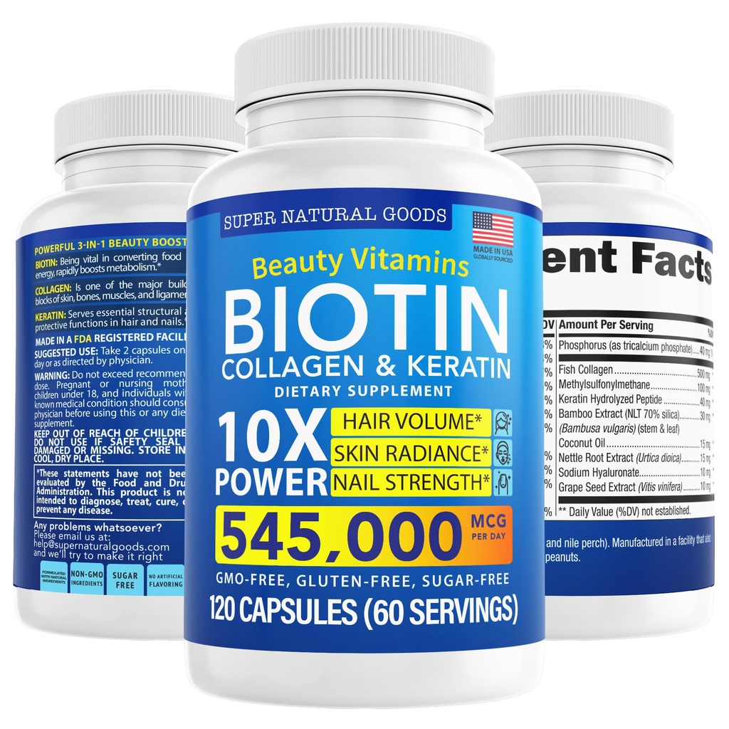 Biotine en collageen Vitaminen + keratine met folaat - Haarverlies behandelingen voor vrouwen en mannen - Follikel, huid en nagelsupplementen voor haargroei en ondersteuning postpartum - GGO-vrij en glutenvrij (120 capsules)
