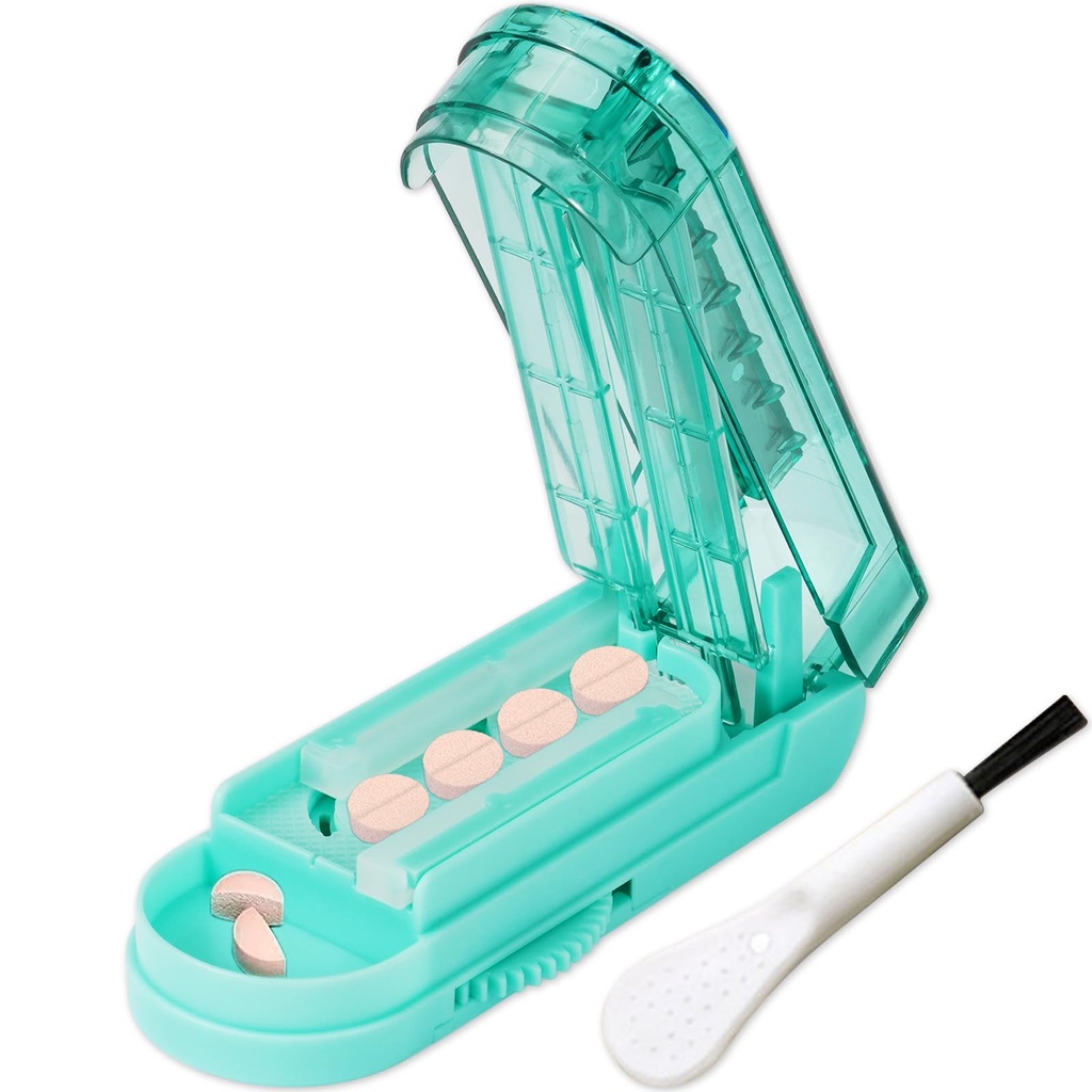 Johnbee Pill Cutter Splitter voor kleine en kleine pillen, grotere pillen. Verstelbare pil splitter Snijdt nauwkeurig meerdere pillen in een keer. Sharp Blade met veiligheidsbescherming. Non-slip silicone rand (Lake Blue)