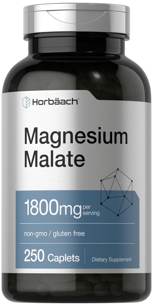 Horbäach Magnesium Malate | 1800mg | 250 Caplets | Vegetarian, Non-GMO, Gluten Free Supplement