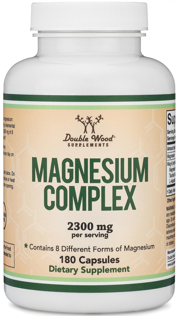 Magnesium Complex Supplement 180 Capsules (426 mg Elemental Magnesium Verzorgd door 2.300 mg van Acht verschillende vormen van Magnesium) MAG-8 Biedt 100% Dagelijkse Aanbevolen Waarde van Magnesium door Dubbel Hout