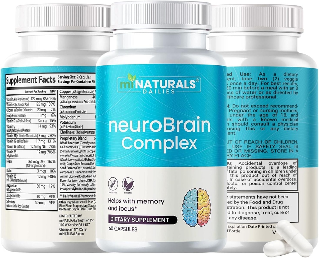 miNATURALS neuroBRAIN complexe supplementen voor hulp met geheugen en focus voor mannen, vrouwen en senioren, vitamines en Bacopa, GABA, druivenzaad, bosbessenfruitextract, en meer...