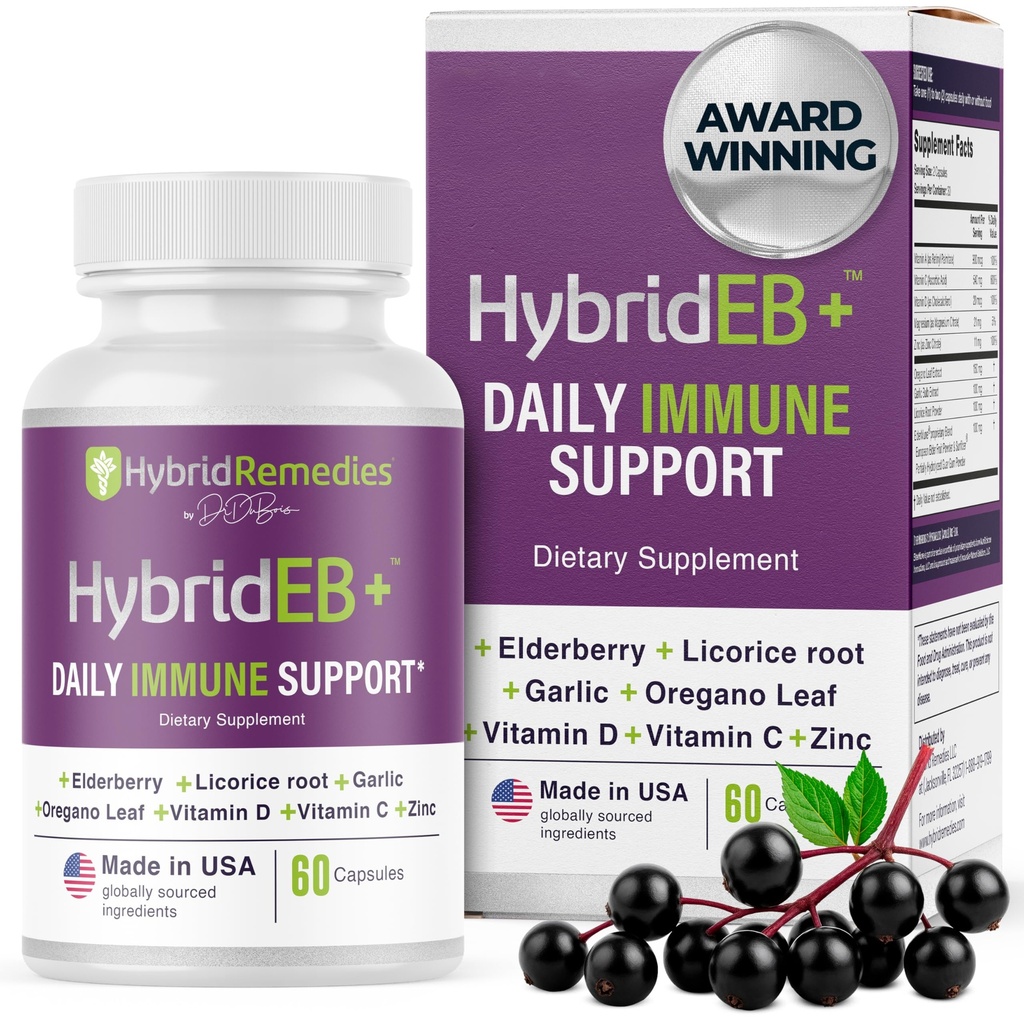 HybrideEB Sambucus Vlierbessen Immune Ondersteuning met vitamine C, zink, vitamine D3 - Antioxidant & Immunity Supplement, 1 maand aanbod - 9 in 1 Zwarte Vlierbessen Kids en volwassenen - 60 capsules