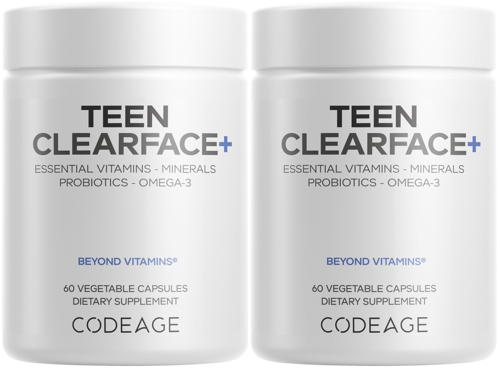 Codeage Teen Clearface Adolescent Face, Skin & Pimples, Vitamins A, C, D3, E, Pantothenic Acid, Niacin, Zinc Supplement Teenagers, Probiotics, L-Lysine, Omega-3, Oily Skin, Pores, Spots - 2 Pack
