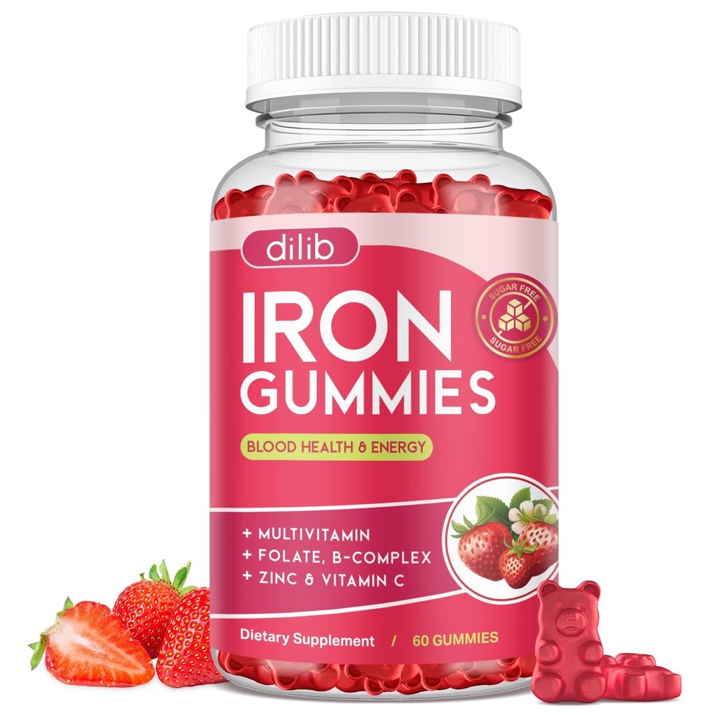IJzer Gummies met Multivitamine, IJzer Supplement voor vrouwen en mannen met zink, vitamine B Complex & C, B12, Folate - Blood Builder & Energy Ondersteuning voor volwassenen en kinderen - Aardbei smaak, Vegan 60 Gummies