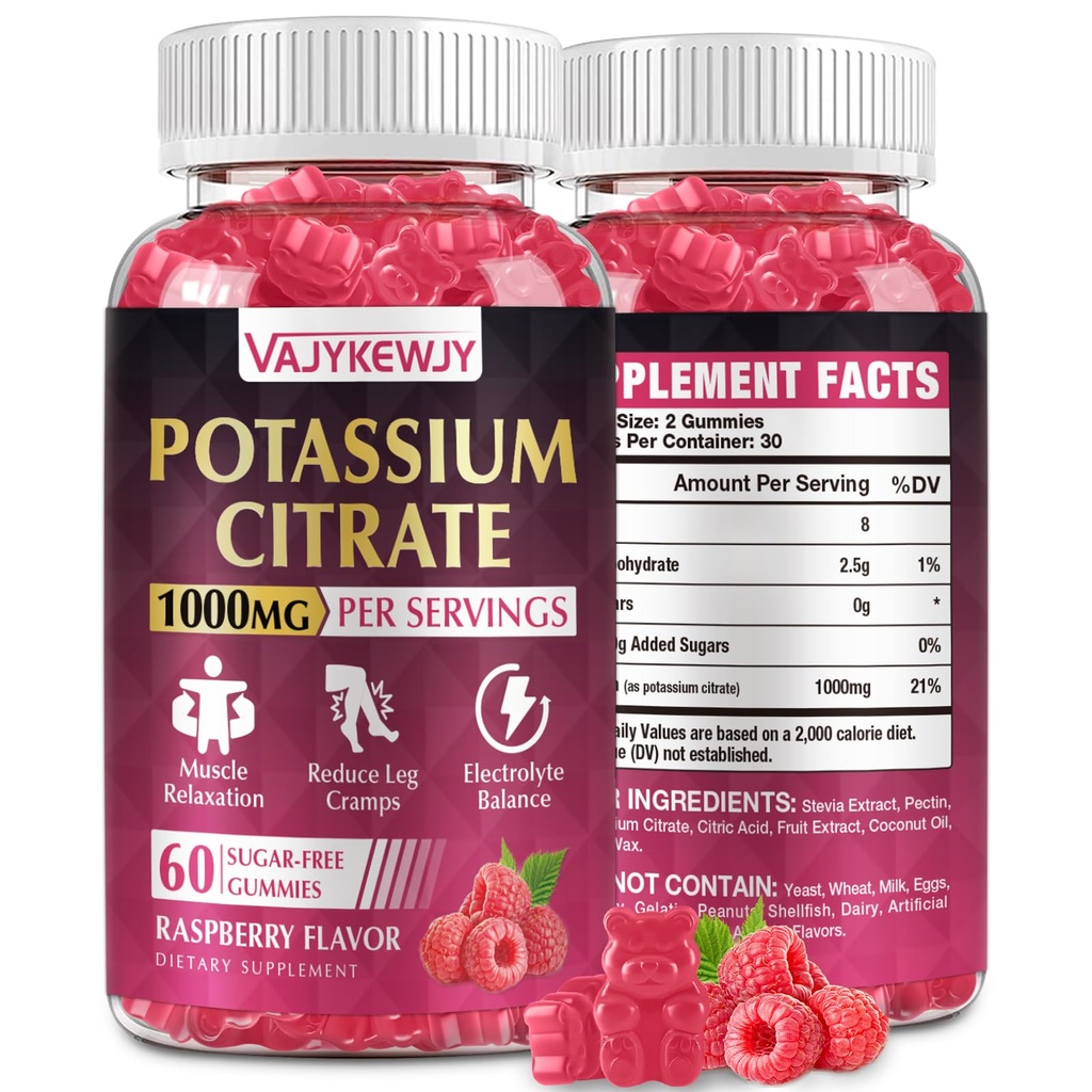 Potassium Citrate Gummies, High Potassium Supplement (1000mg), Supports Leg Cramps & Muscle Health, Suitable for Adults & Kids, Vegan, Non-GMO, 60-Count