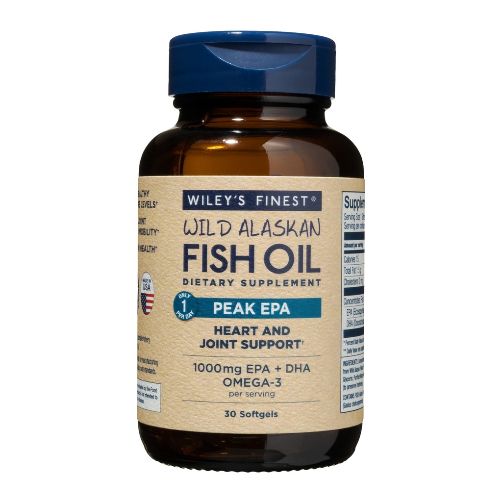 Wiley's Finest Wild Alaskan Fish Oil Peak EPA - Triple Strength Peak EPA & DHA Supplement - 1000mg Fish Oil - Omega-3s for Joint Health Support - 30 Softgels (30 Servings)
