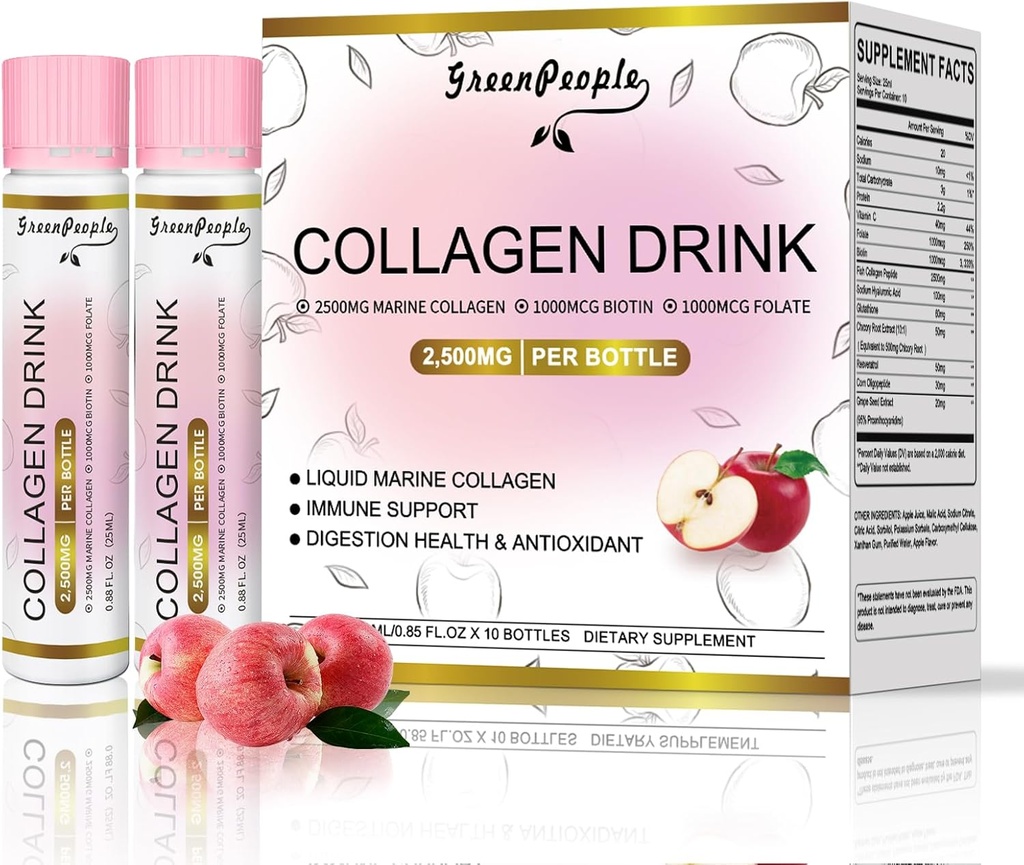 GREENPEOPLE Liquid Collagen for Women & Men, Fish Collagen Peptides + Hyaluronic Acid + Vitamin Bs & C, Hair Skin Nails Joints Bones Support (0.85 fl oz, 10 Bottles, Apple)