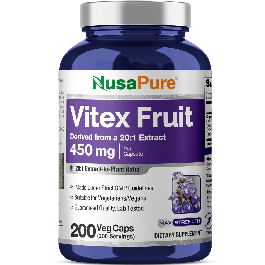 NusaPure Vitex Chasteberry Fruit 20:1 Extract, 450 mg Equivalent aan 9000 mg 200 Vegan Capsules - Non-GMO, Vegan Dietary Supplement