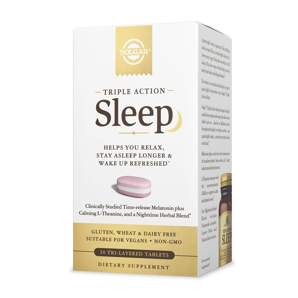 Solgar Triple Action Sleep, 30 Tri-Layer Tablets - Time-Release Melatonin & L-Theanine Plus Herbal Blend - Helps You Relax, Fall Asleep Fast & Stay Asleep Longer - Non-GMO, Gluten Free - 30 Servings