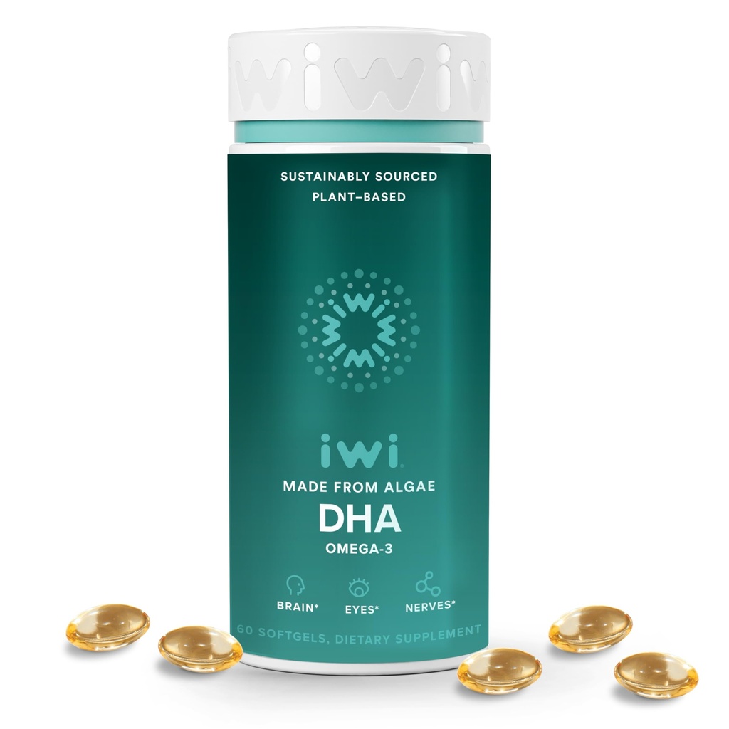 Iwi DHA Omega-3, 60 Softgels (30 porties), Plant-Based Algen Omega 3, Hersenen, Ogen & Zenuwstelsel Ondersteuning Dieetsupplement, Krill & Visolie Alternatief, Geen Fishy Afdronk