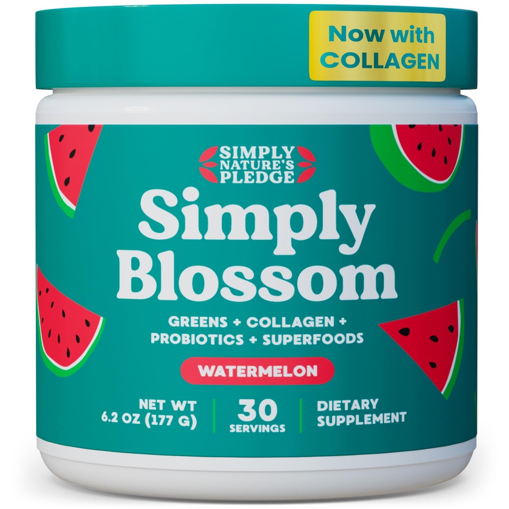 Simply Blossom Nutrition Daily Greens & Superfood Powder + Collagen + Probiotics for Women's Digestive Health & Bloating Relief. Help Your Health Bloom - 30 Day Supply - Watermelon