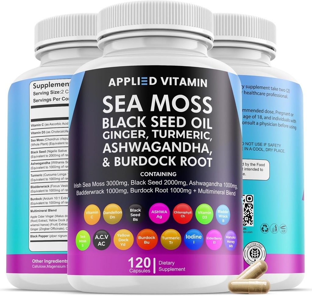 Sea Moss 3000mg Capsules, Biologische Immune Support Black Seed Oil, Ashwagandha Supplementen, Bladderwrack Biologische, Kurkuma, Burdock Root Biologische, Vitamine C, D3, Vegan Mineralen (120)