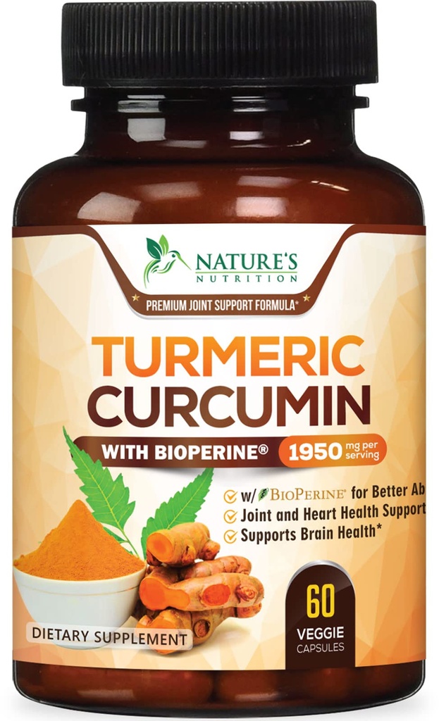 Kurkuma Curcumin Supplement 1950mg - 95% Curcuminoïden met Biologische Kurkuma & BioPerine Black Pepper Extract voor Beste Absorptie, Nature's Vegan Joint Support, Non-GMO, Gebotteld in USA - 60 Capsules