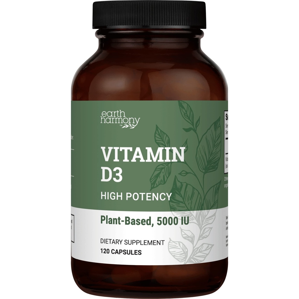 Earth Harmony Naturals Vegan Vitamin D3 5000 iu Supplement - Pure, High Potency Supplements for Immune Health & Strong Bones Support - Vitamin D 5000 iu - 120 Capsules, 4-Month Supply