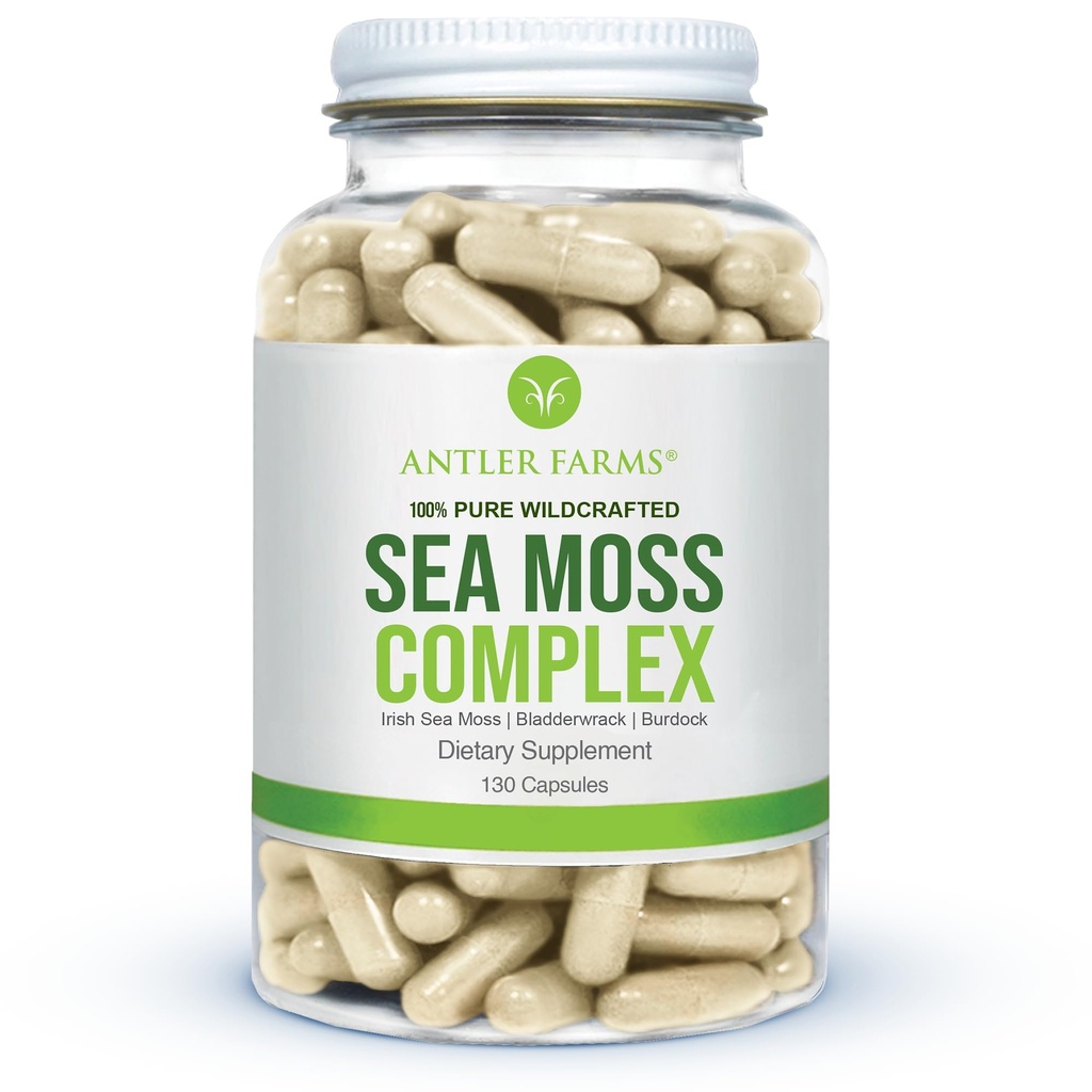 Antler Farms 100% Pure Sea Moss Complex, 130 Capsules, Wildcrafted Irish Sea Moss, Bladderwrack, en Burdock Root Een krachtige blend voor Wellness, Vegan-Friendly, Gluten, soja en zuivelvrij