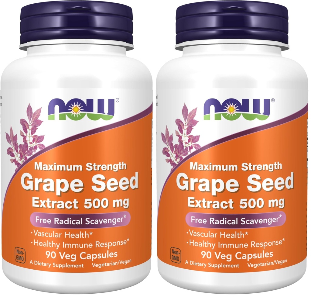 NOW Supplementen, druivenzaadextract, maximale sterkte 500 mg (een hoog geconcentreerd extract met een minimum van 90% polyfenolen), 90 Veg capsules, rood/bruin, 0,25 pond (verpakking van 2)