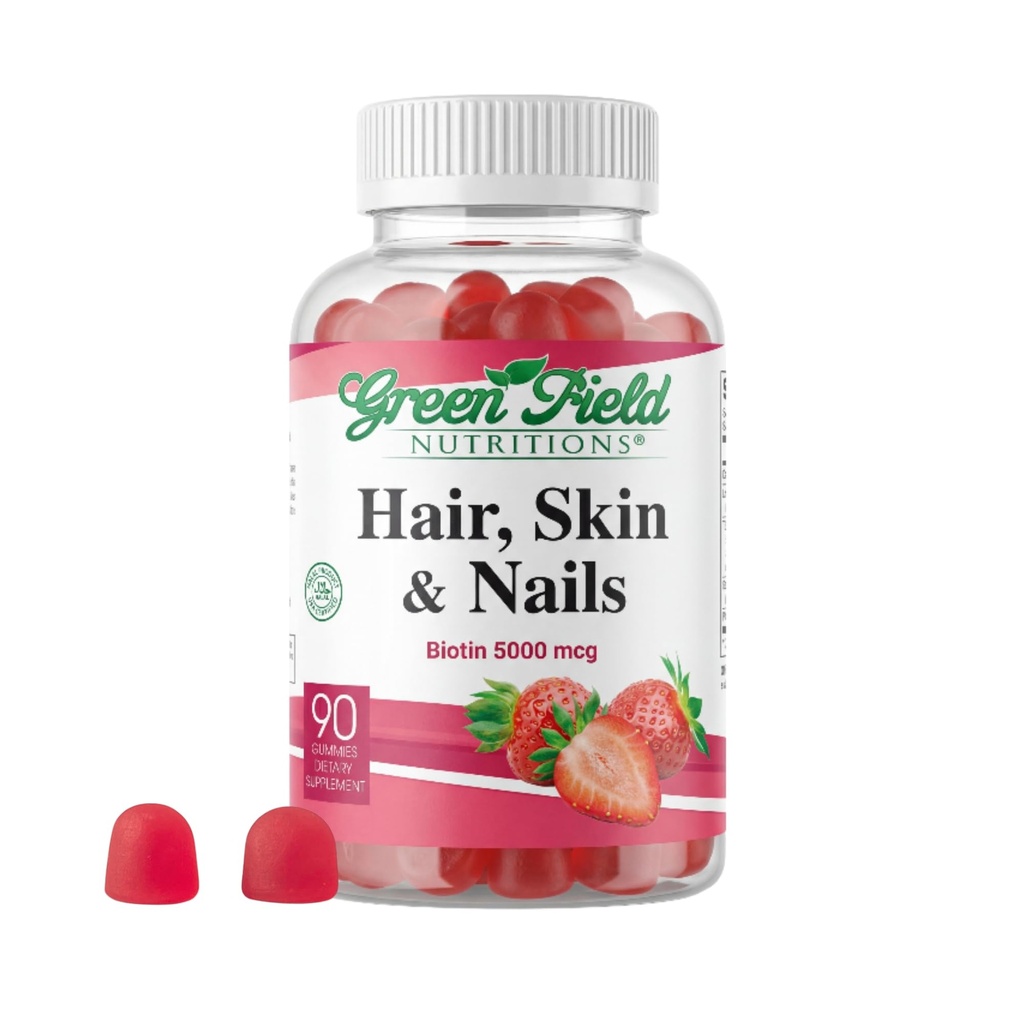 Greenfield Nutritions - Halal Biotin Gummies Vitamine voor haar, huid en nagels, ondersteunt vet Metabolisme, haargroei, sterke nagels & heldere huid, gelatine vrije, niet-GMO, en glutenvrij - 90 Gummies