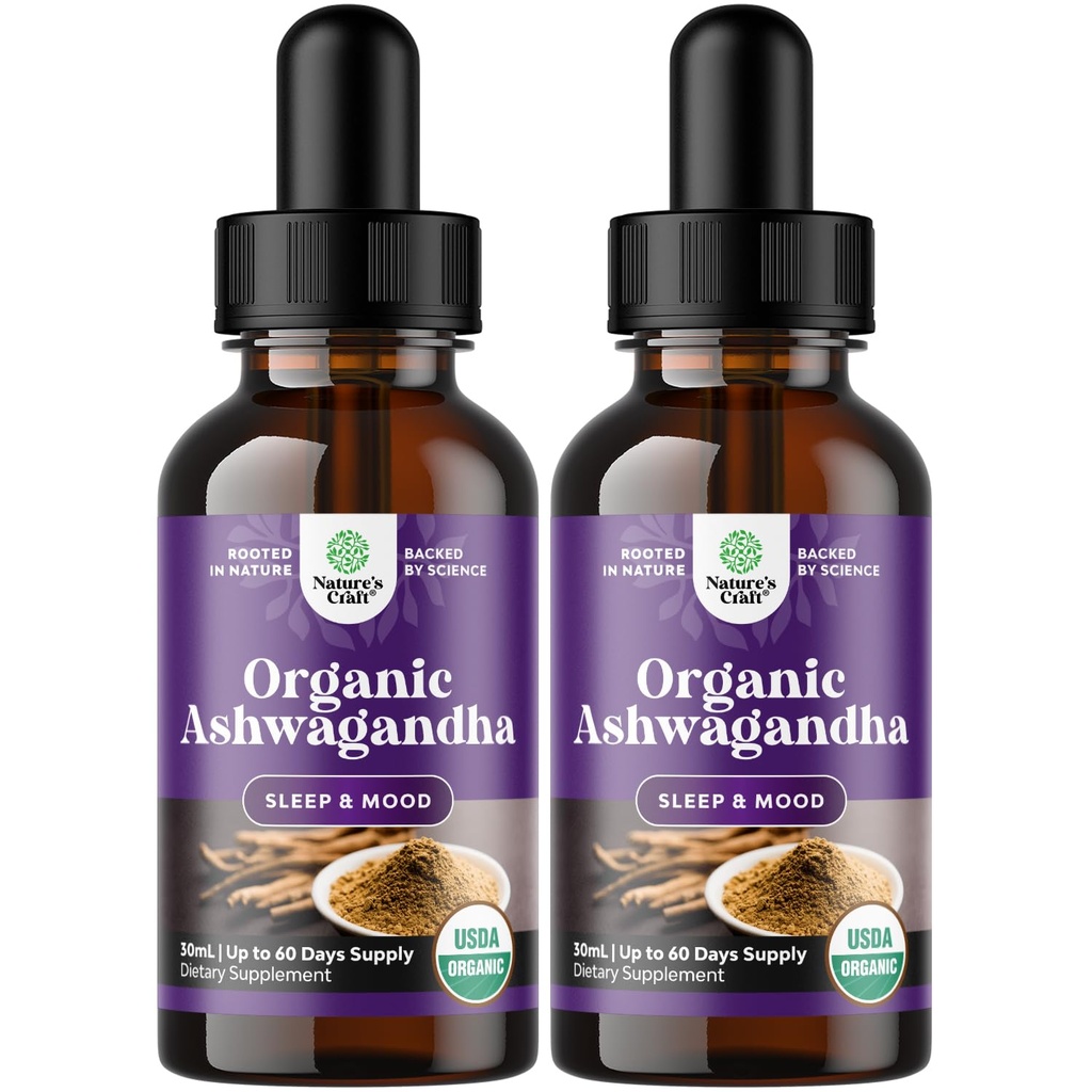 Natures Craft USDA Organic Ashwagandha Liquid Drops - Liquid Ashwagandha Root Extract for Stress and Mood Support - Smakelijke Adaptogene Tinctuur Niet GGO Vegan Gluten Alcohol en Suikervrij (2 Pack)