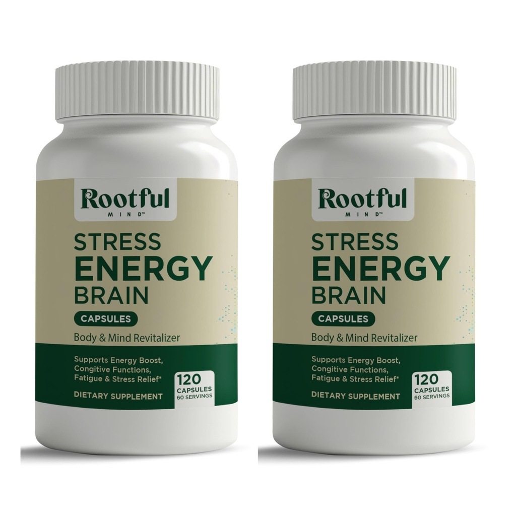 Stress Energie Hersenen - Vermoeidheid Supplement met Cortisol, Stress, Energie Ondersteuning - Rhodiola Rosea, Lions Mane, L Theanine, Ginkgo Biloba, Melkdistel, IJzer - 2 maanden Levering