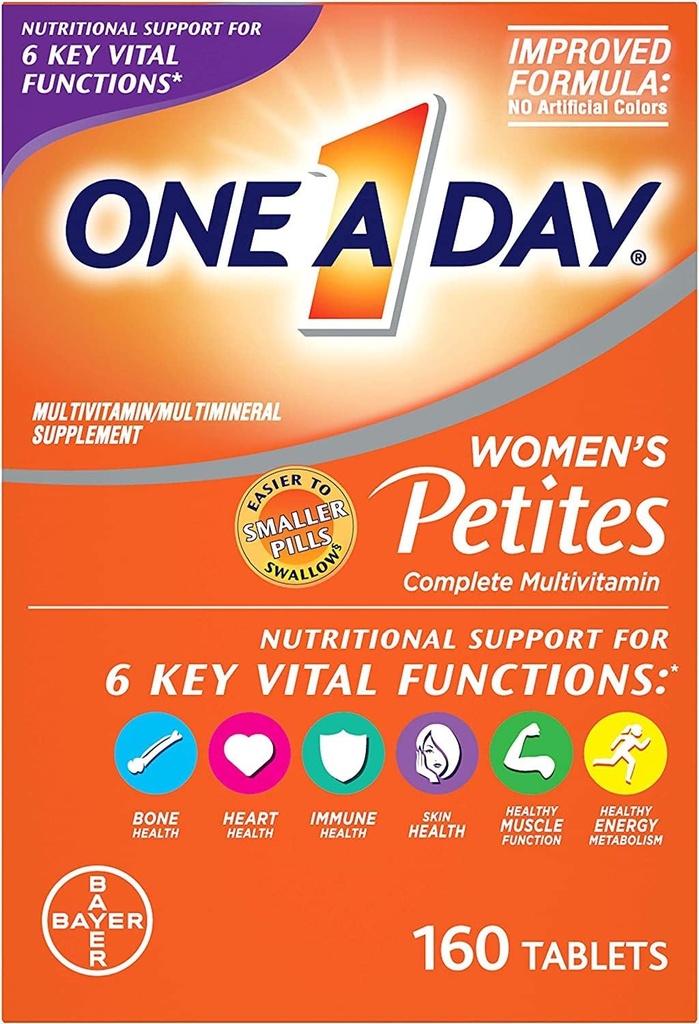 One A Day Vrouwen Petites Multivitamine,Aanvulling met vitamine A, vitamine C, vitamine D, vitamine E en zink voor Immune Health Support, B Vitaminen, Biotine, Folaat (als foliumzuur) & Meer, 160 Tellen