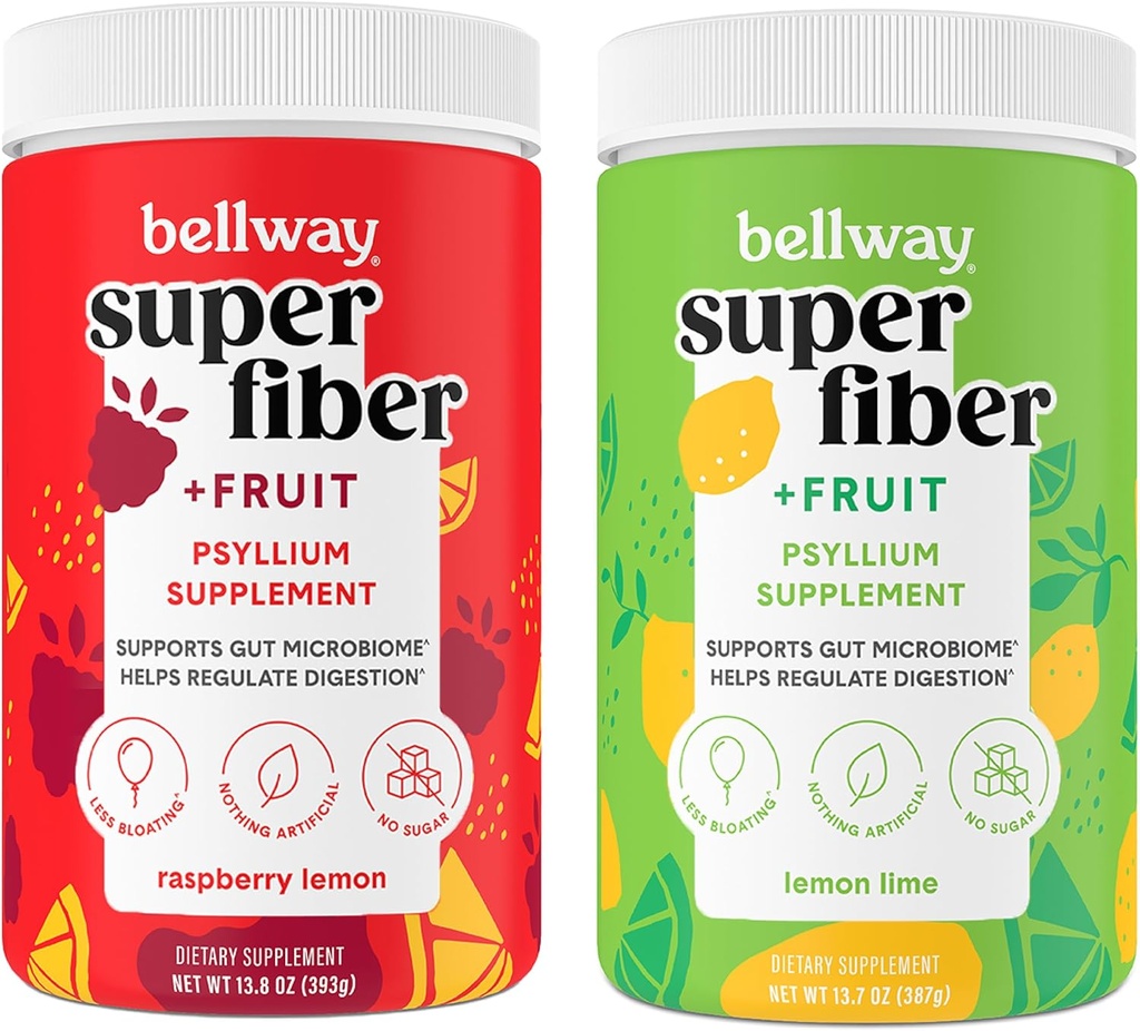 Bellway Super Fiber Powder + Fruit, Sugar Free Organic Psyllium Husk Powder Fiber Supplement for Regularity, Bloating Relief & Gut Health, Non-GMO, Plant-Based, Raspberry Lemon & Lemon Lime